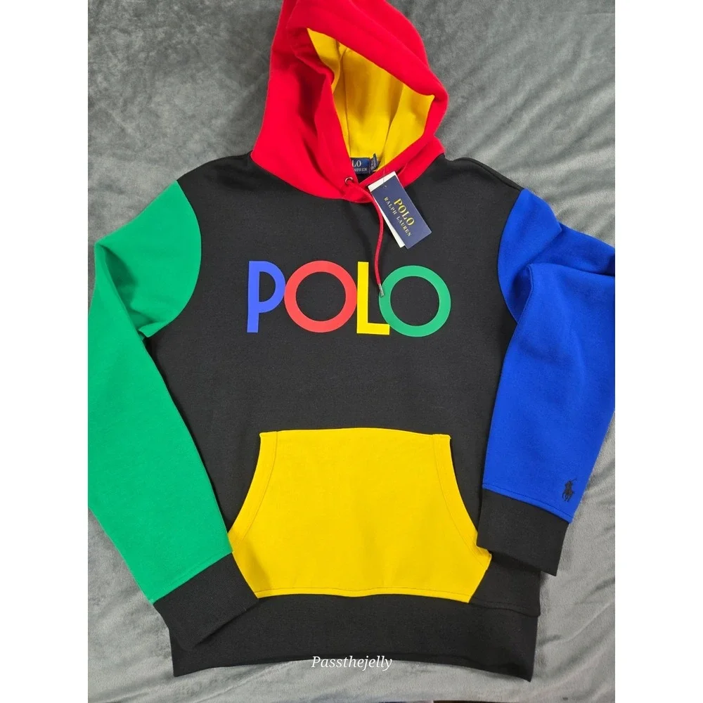 Polo Ralph Lauren Men's Small Black Colorblock Graphic Fleece Hoodie Spellout